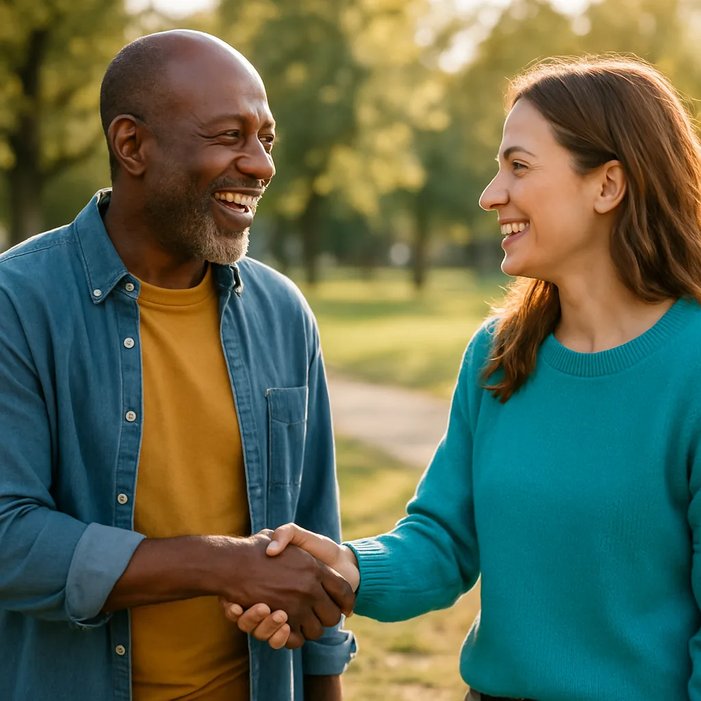 Two people meeting at a local park — genuinely local Tayside dating