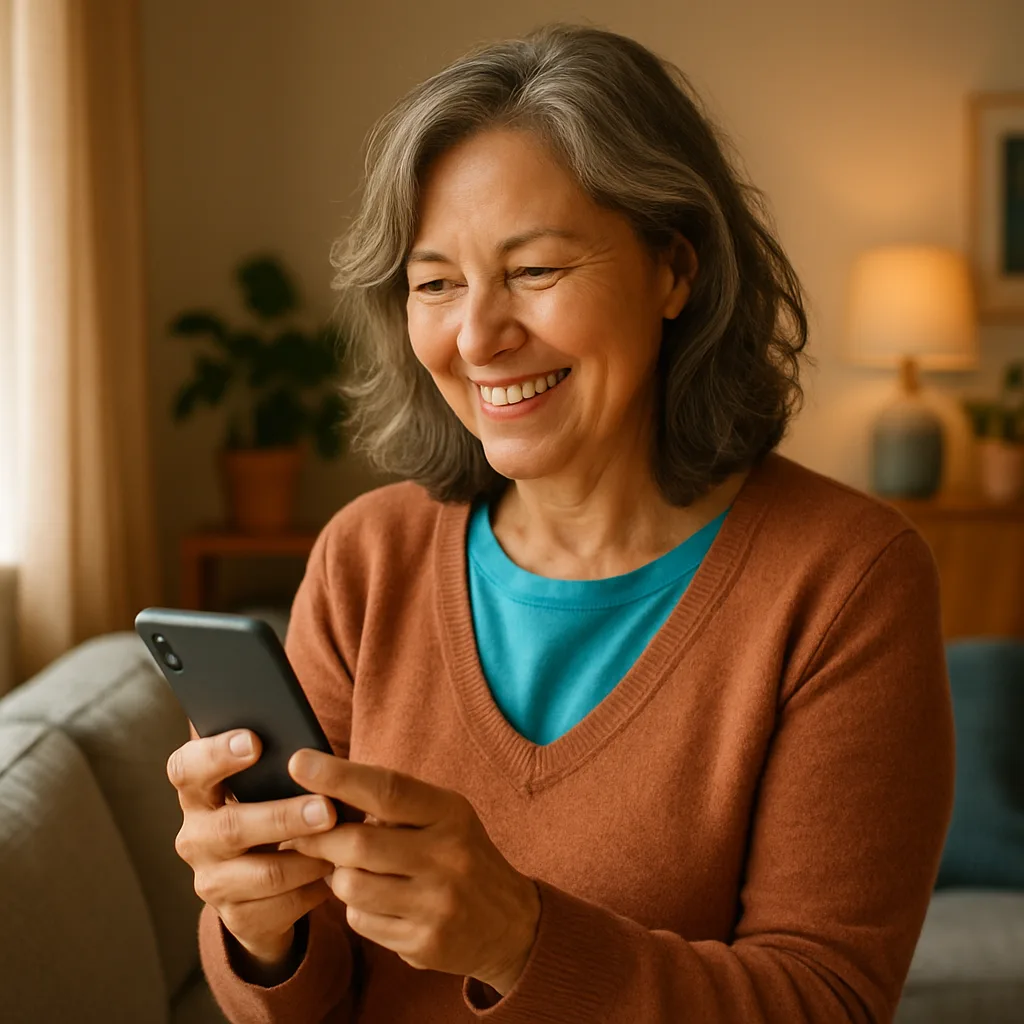 Smiling woman confidently checking her phone — verified profiles on The Tayside Dating Site